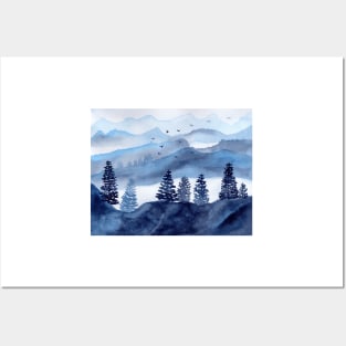 Dreamy Mountains with Fog in Light Blue and Indigo Posters and Art